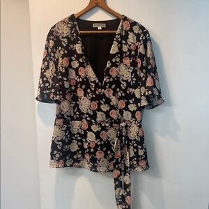 Pleione Black Floral Wrap Blouse